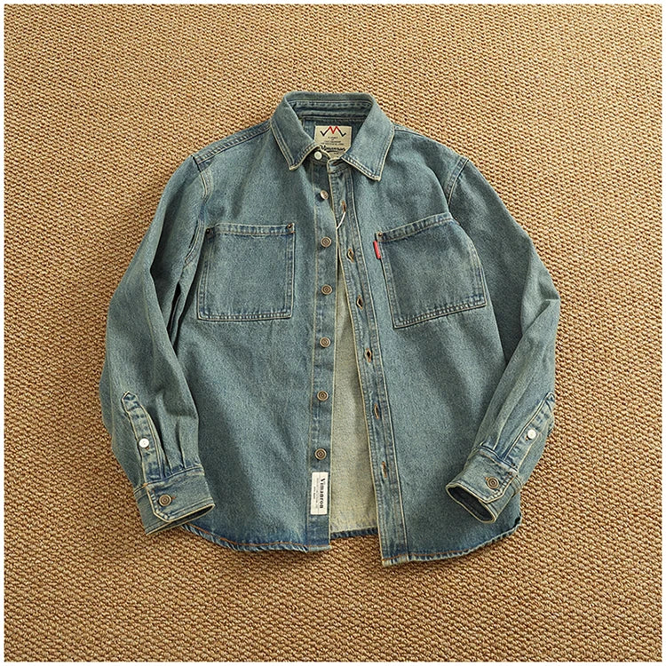 Spring Autumn New American Retro Long-Sleeve Lapel Solid Color Denim Shirt Men's Fashion 100% Cotton Washed Old Casual Blouses
