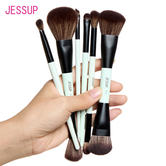 Jessup Double-Ended Makeup Brushes 6pcs, Vegan Fiber, Daily Use, Bright Cyan