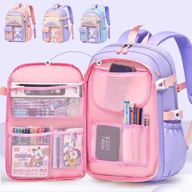 School Bag Oxford Cloth Polyester Waterproof Cute Cartoon Backpack Girls Spine Protection Rucksack Daily Campus Commuting Bag