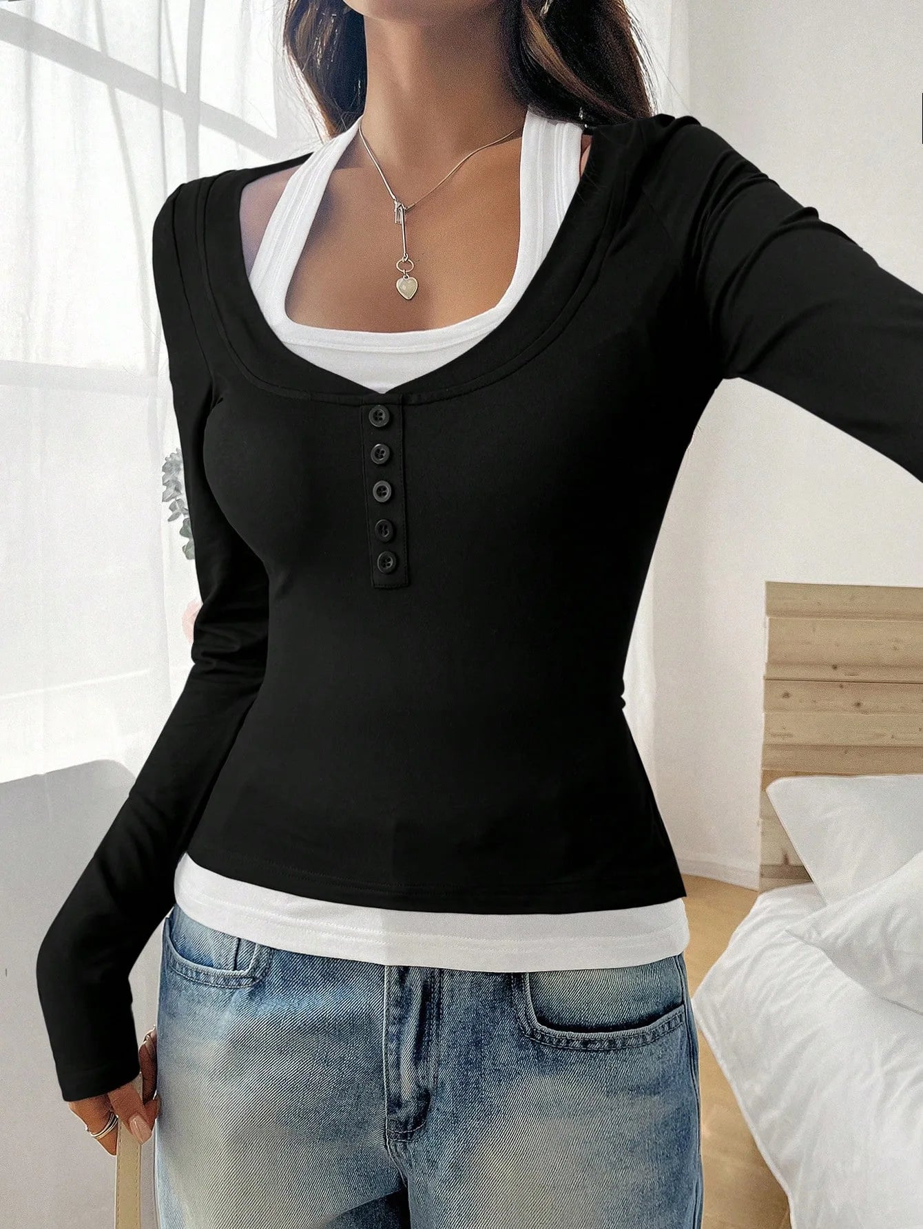 New Women's Blouses T-shirt Spring Fall Fashion Slim Halter Neck Fake Two-piece Stretch Long-sleeve Top Women Casual Clothing