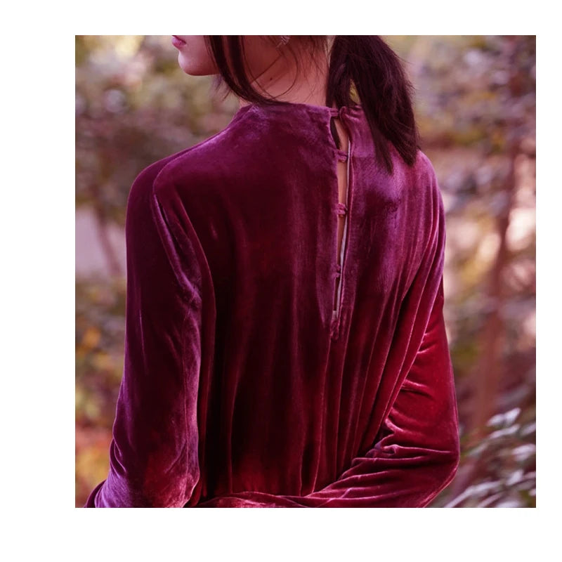 Light Luxury Natural Silk Velvet Women's Dress  Long Sleeve Long Floor-length Dress Temperament Elegant Casual Spring Autumn