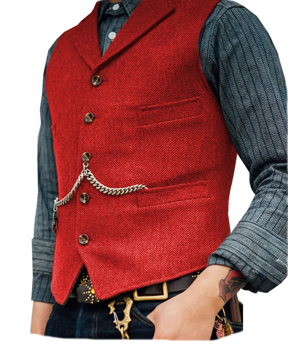 Wool Tweed Men's Suits Vest for Groomsmen Wedding Lapel Casual Slim Business Vests Sleeveless Waistcoat Male Gilet Homme Vests