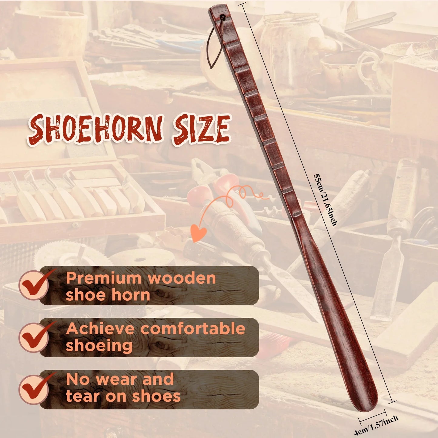 55cm Long Wooden Shoe Horn, Smooth Burr-Free Shoe Horn with Lanyard, High-Quality Wood Shoe Helper for Men Women Seniors,Durable
