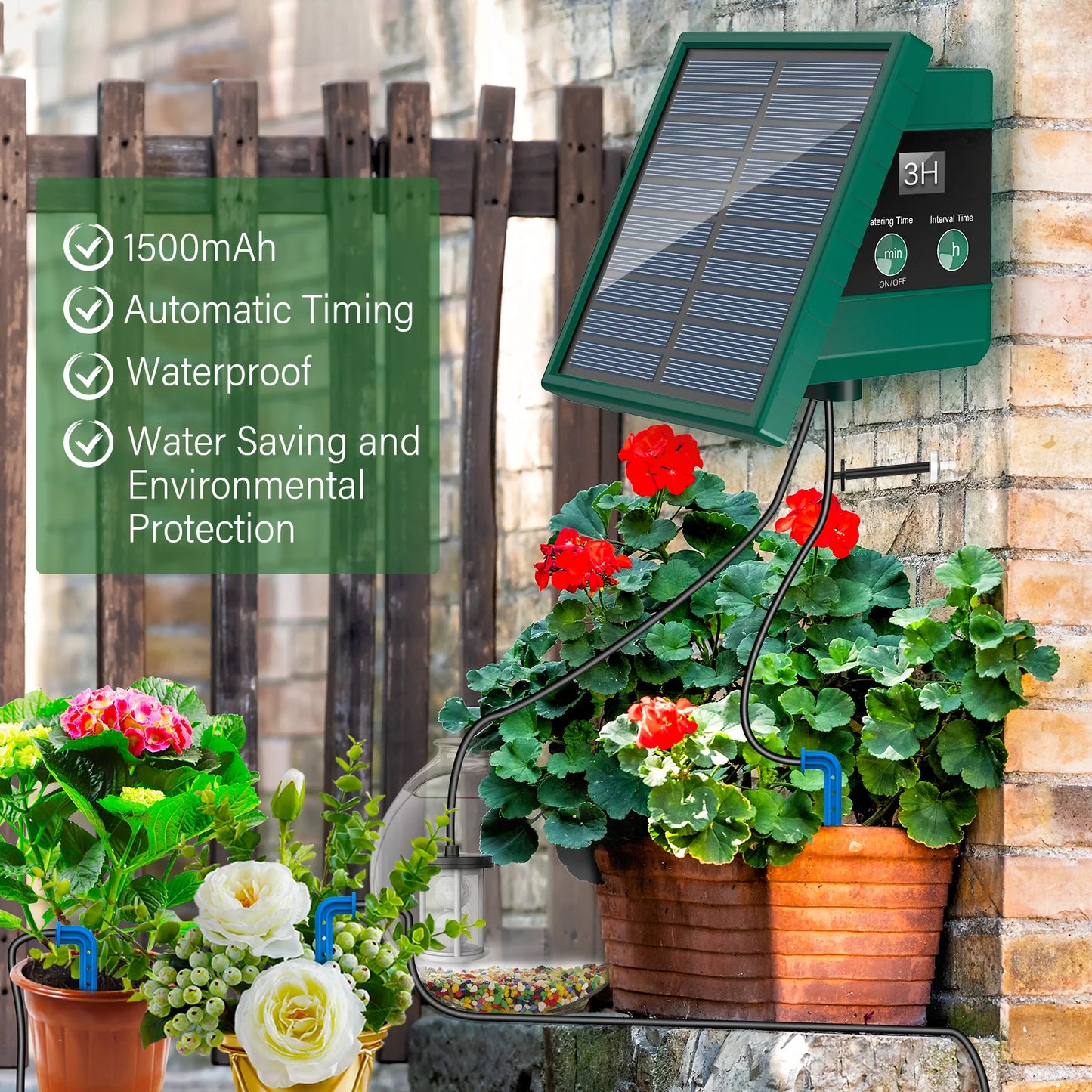 Solar Irrigation System, Automatic Watering System with 10M Hose and 10 Drip Tips for In/Outdoor, DIY Garden Balcony Terrace Etc