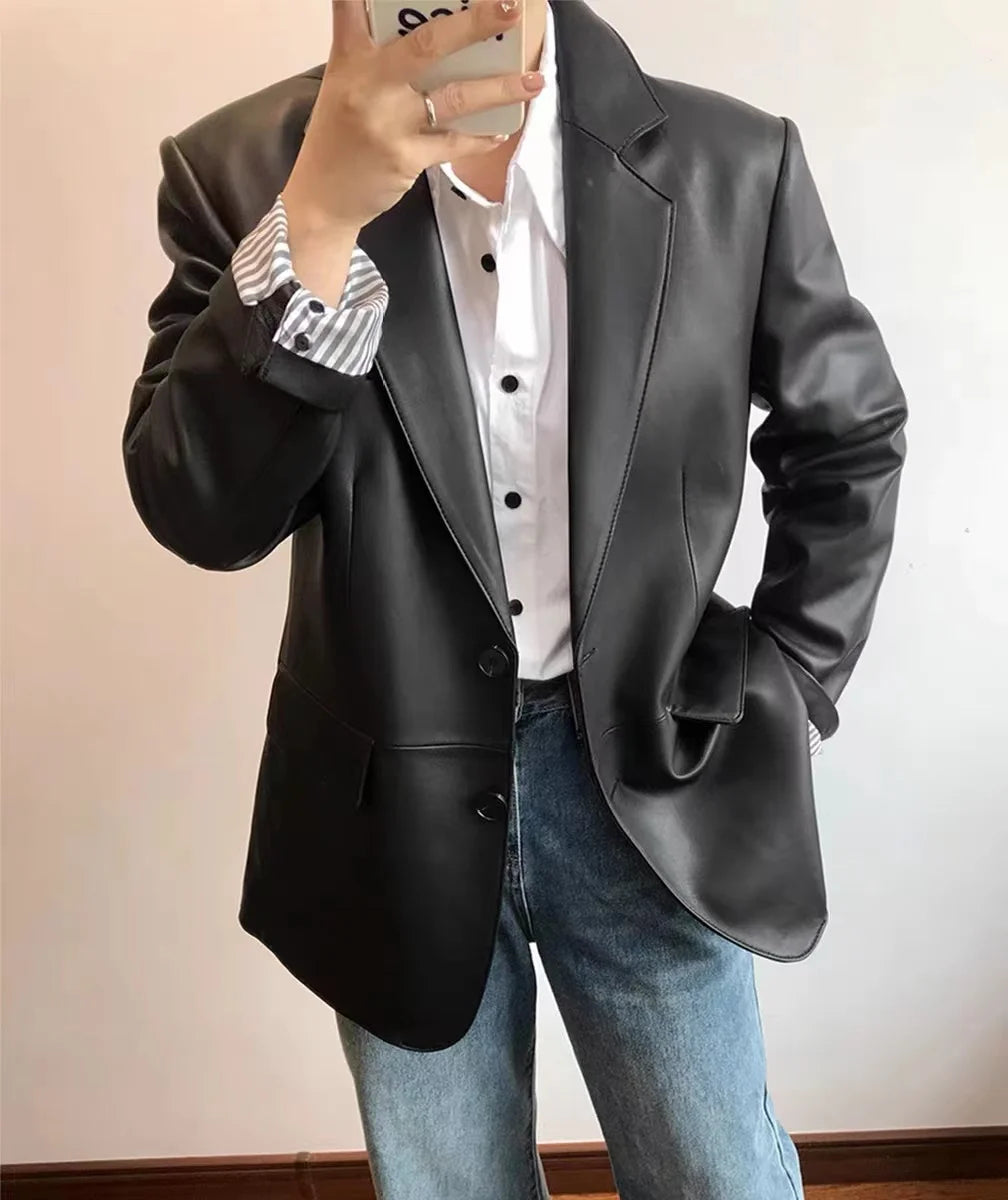European American Streetwear Leather Jacket For Women Chic Loose Fit Suit Coat Female Flip Pocket Two Bottons White Blazer Mujer