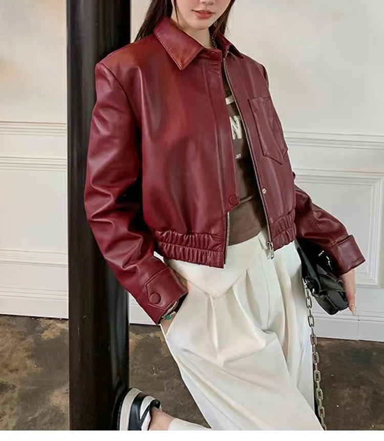 European 2025 New Fashion Short Leather Jacket For Women Casual Elastic Band Waist Top Clothing Mujer Varsity Claret Veste