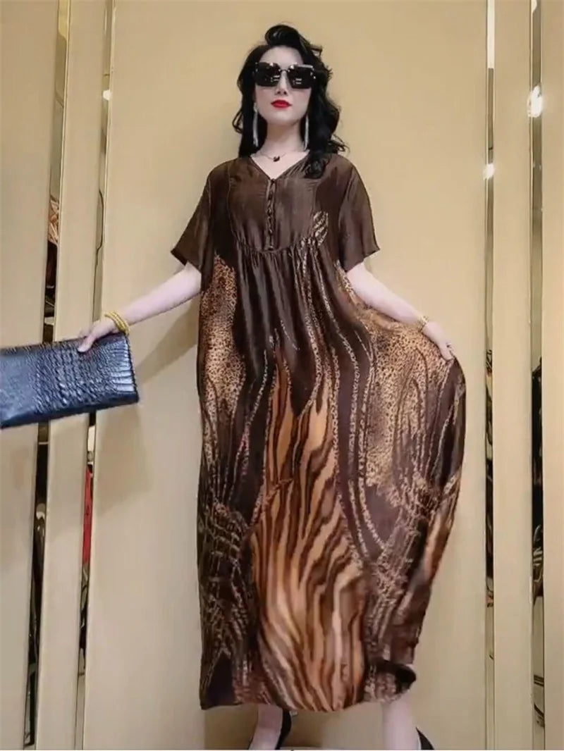 High end brand Ice silk dress 2025 Summer New Style Stylish and Fashionable Covering Belly Slim Women's French Silk Long Dress