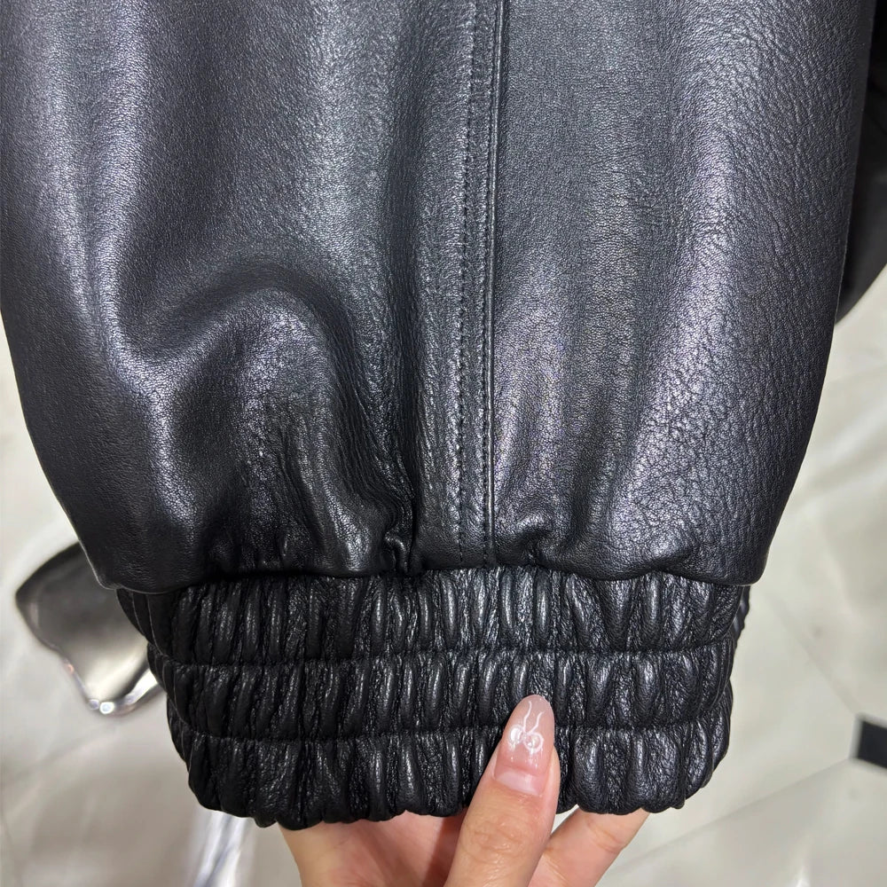 2025 Black Grained Leather Jacket Oversized Leather Coat Stand Collar Real Sheepskin Coat