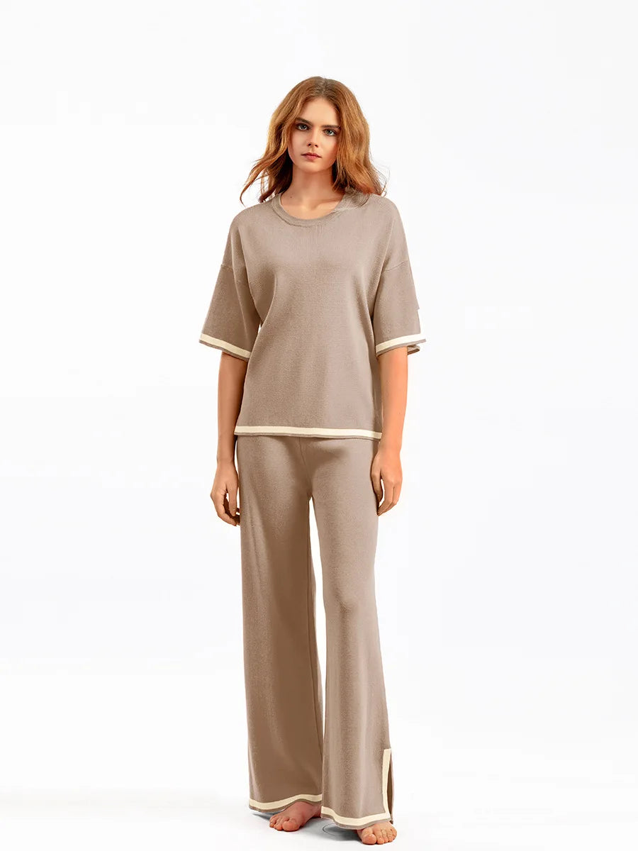 Pants Set Women Two Piece Sets Short Sleeve Spring Knit Tops Loose Casual Wide Leg Long Pants High Waist Y2k Streetwear Spring