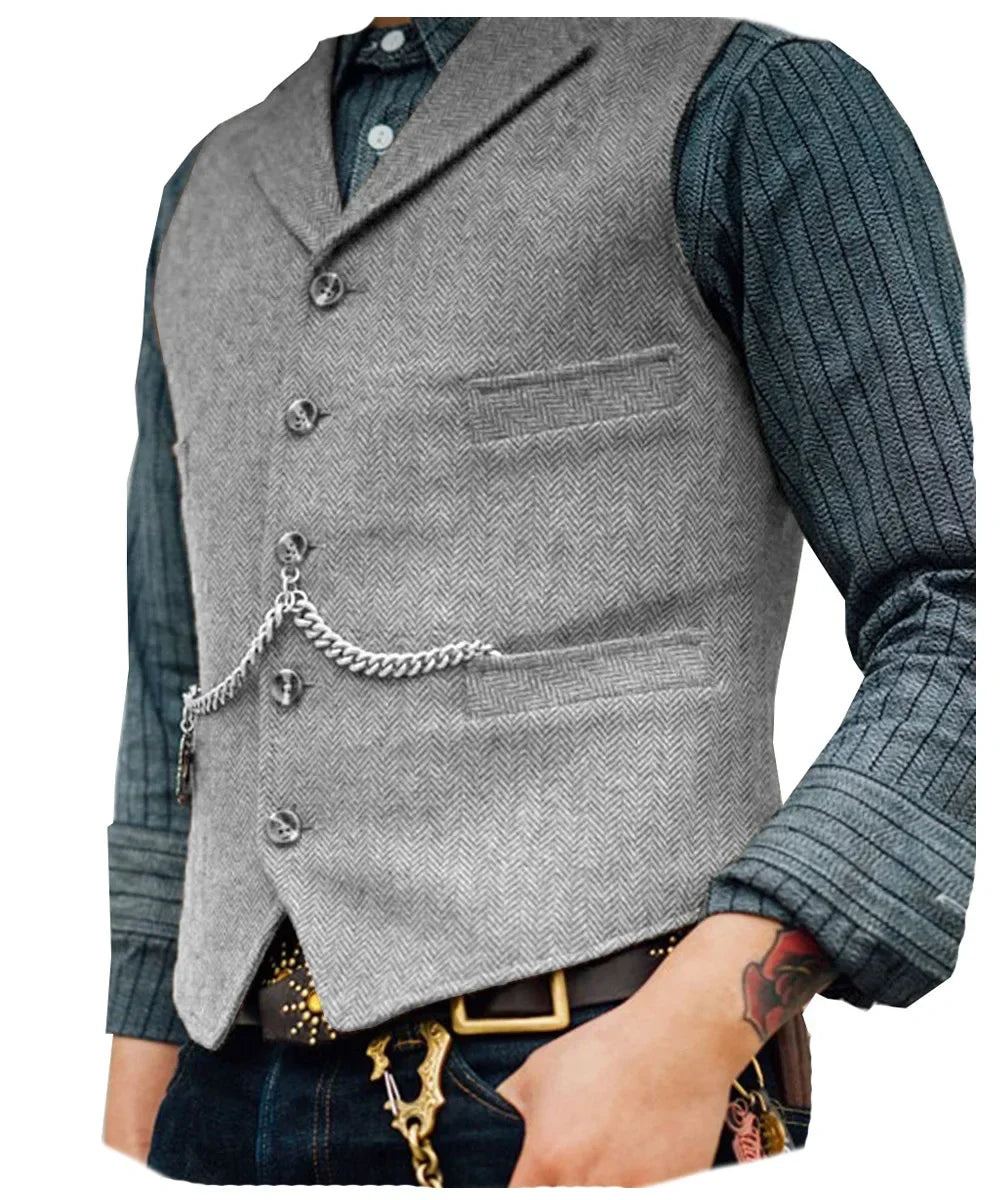 Wool Tweed Men's Suits Vest for Groomsmen Wedding Lapel Casual Slim Business Vests Sleeveless Waistcoat Male Gilet Homme Vests