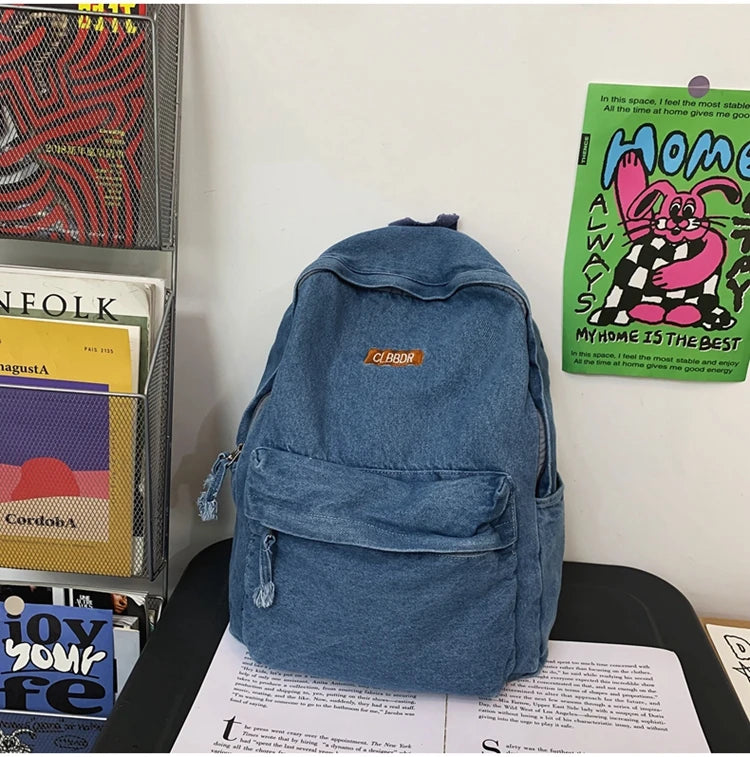100% Cotton School Bags Solid Black Canvas Casual Backpacks Unisex Large Capacity Denim Satchels Soft Cloth Travel Packages