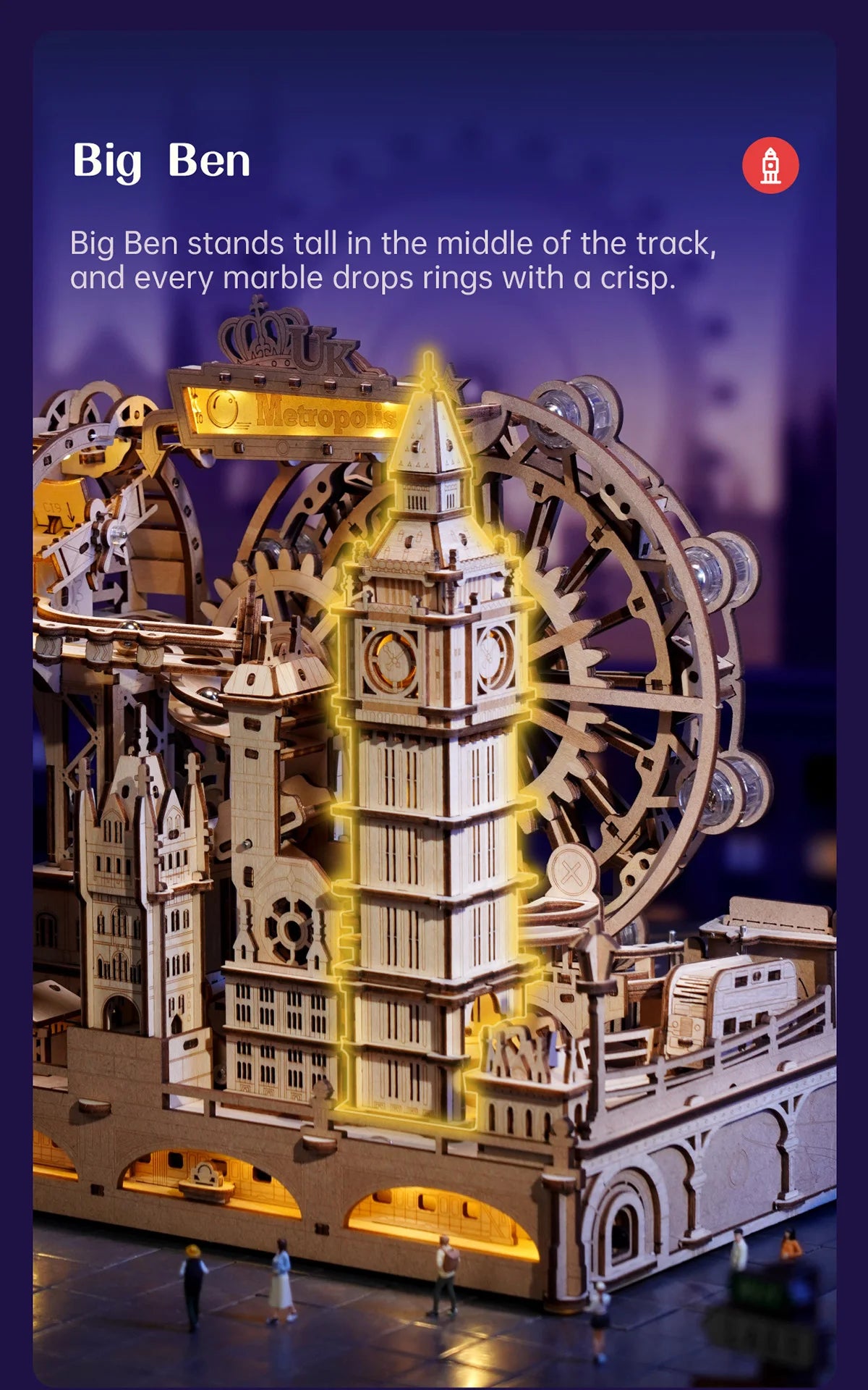 3D Wooden Puzzle Marble Run Building Kit London City Model with Lights Mechanical DIY Landmark Puzzle for Adults Teens