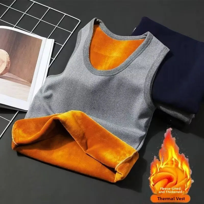 Men's Thermal Fce Lined Thiened Vest Warmth Inner Wear Slim Fit Anti-Cold Home Clothes Single Layer Knitted Fabric round...
