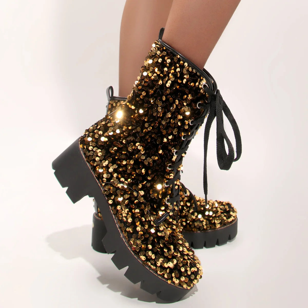 2025 New Fashion Women Shoes Front Lace Up Sequin Short Boots Coarse Heel Stage Show Ankle Boots Ladies Party Casual Short Boots