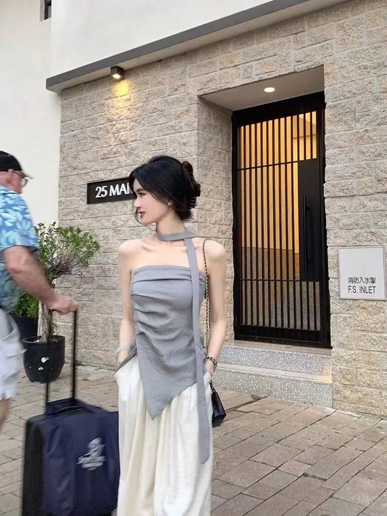 Women's Summer 2025 Off-Shoulder Bustier Top with Asymmetric Design for Commuting and Stylish Outfits
