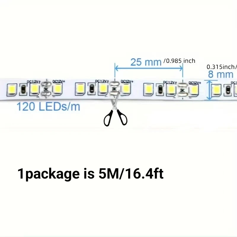 12V Led Strip Light, 8mm Wide, 120 Leds/M, Total 600 Leds, Warm White 3000K/Natural Light 4000K/Red Light/Green Light/Blue Light/Pink Light/Gold Light Tape Light, Under-Cabinet Light, 16.4 Feet (Approximately 5m) Led Strip Li