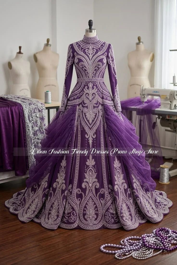 Custom-Made Elegant Muslim Wedding Gown in Noble Purple: Luxurious Beaded Print Full-Coverage Evening Gown for Engagement Ceremo