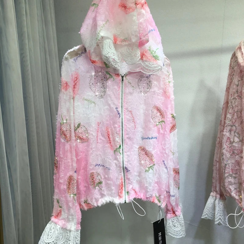 Women Hot Drilling Diamonds Beaded Sunscreen Hoodies Shirts Coat Strawberry Butterfly Lace Spliced Blouses Zipper Cardigan Tops