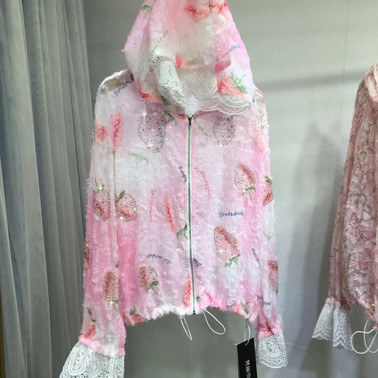 Women Hot Drilling Diamonds Beaded Sunscreen Hoodies Shirts Coat Strawberry Butterfly Lace Spliced Blouses Zipper Cardigan Tops