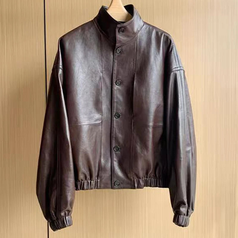 Imported Lightweight Leather Jacket for Women Modern Genuine Sheepskin Stand Up Collar Short Silhouette Coat Winter Tops Mujer