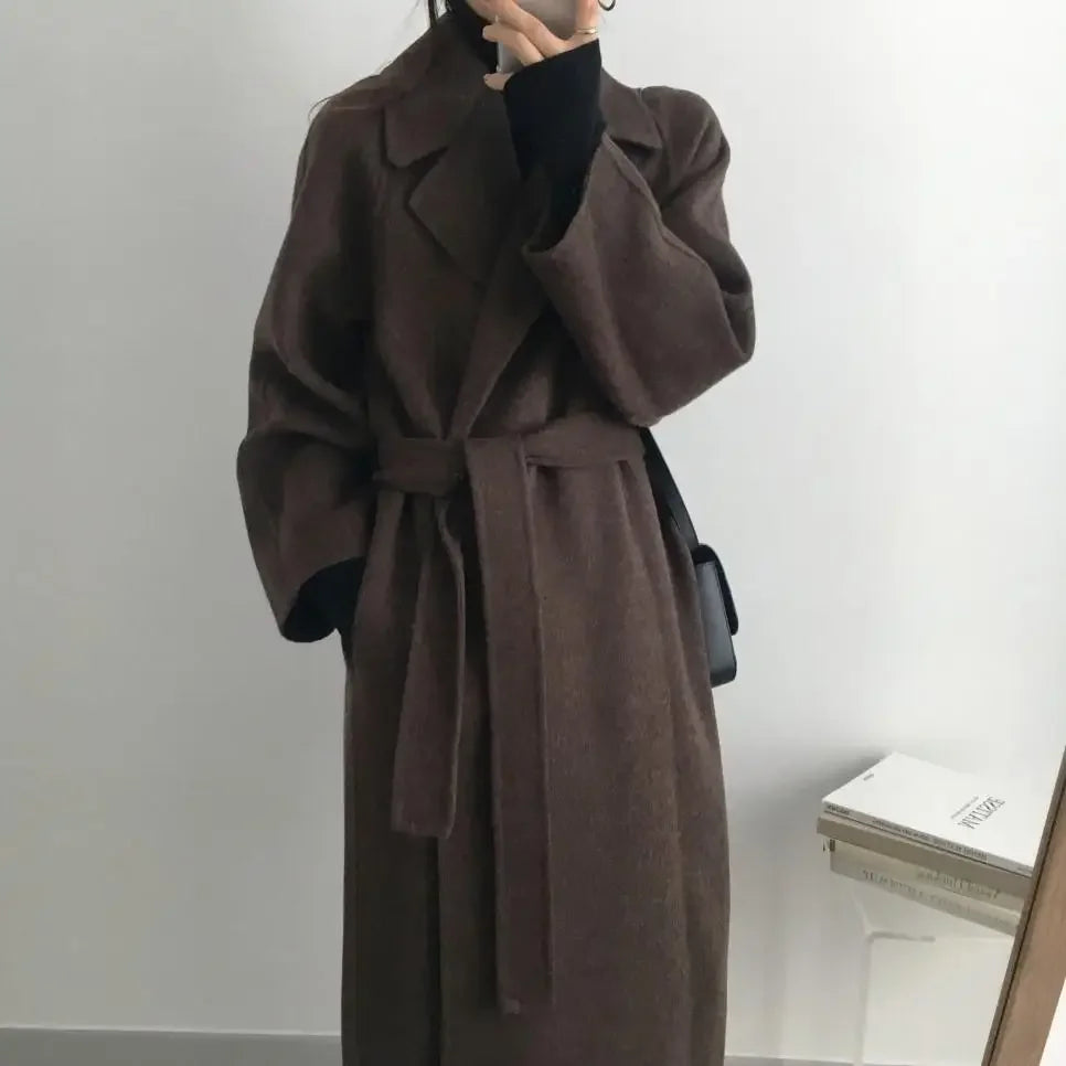 Ele Woolen Coat Women's 2025 Autumn Winter Mid Length Adjustable Waist Thick Casual Long Sve Fashion Wool Coats