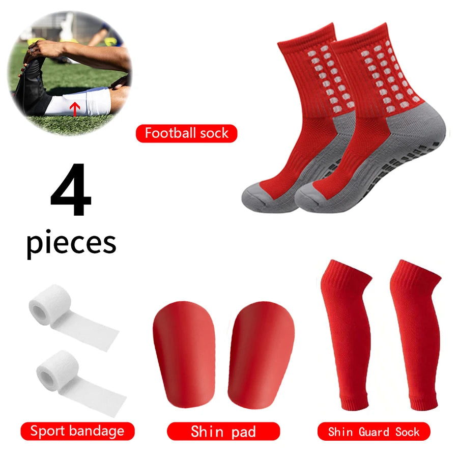 4 Pieces Football Accessories Outdoor Football Socks Non-slip Sports Socks Bandages   Shin Pads Calf Compression Socks