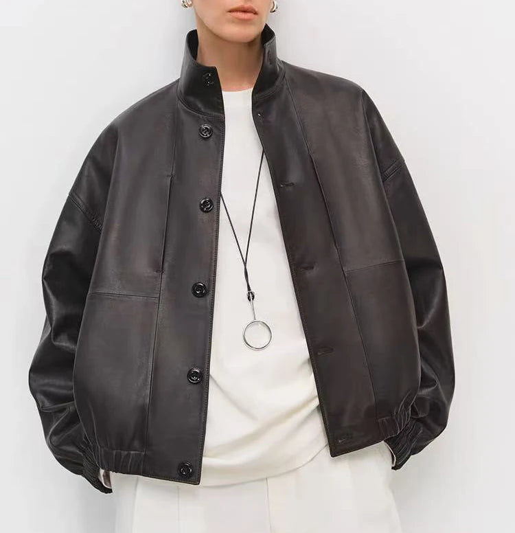 Imported Lightweight Leather Jacket for Women Modern Genuine Sheepskin Stand Up Collar Short Silhouette Coat Winter Tops Mujer
