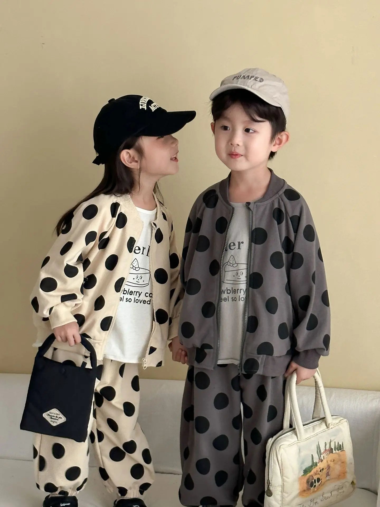 2025 Autumn New Children Long Sleeve Clothes Set Boys Girls Zipper Coat + Sweat Pants 2pcs Suit Kids Casual Polka Dot Outfits