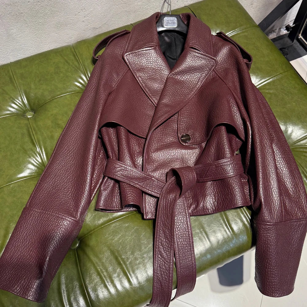 Elegant Black Leather Jacket Women Grained Sheep Leather Jackets New Style Lace-up Leather Jacket