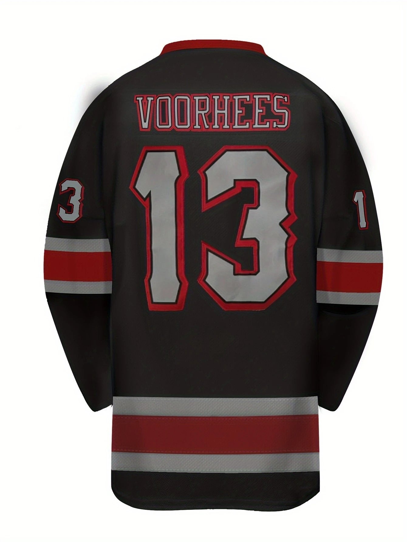 Horror-Themed Hockey Jersey - Black with Red & Gray Accents, "Voorhees 13" Jason Mask & Crossed Knives Graphic Athletic Jersey