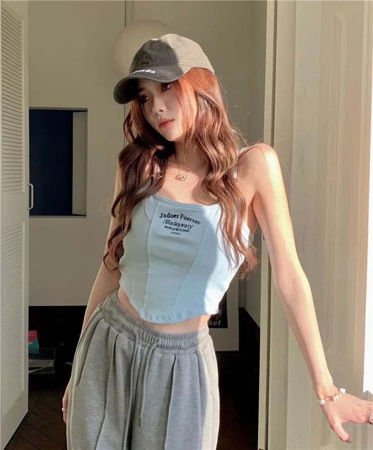 Women Summer Tops Sexy Camisole Square Collar Tank Top Y2k Slveless Female Crop Tops With Pad Fashion Vest Embroidery Letter