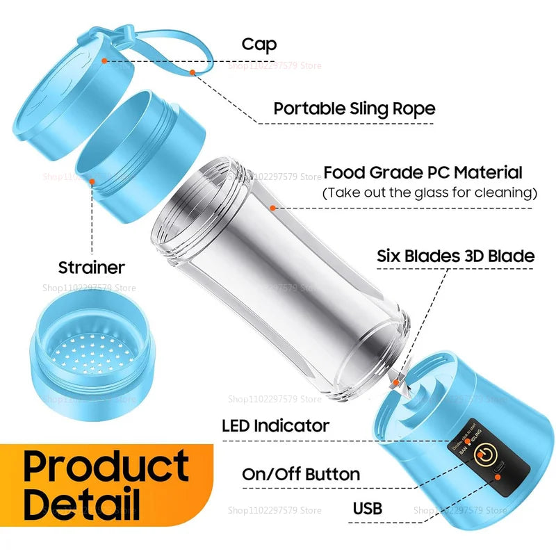 Cordless Portable Personal Size Blender - Mini Blender Make Smoothies and Shakes, 380Ml BPA Free Travel Cup for Office/Home/Gym