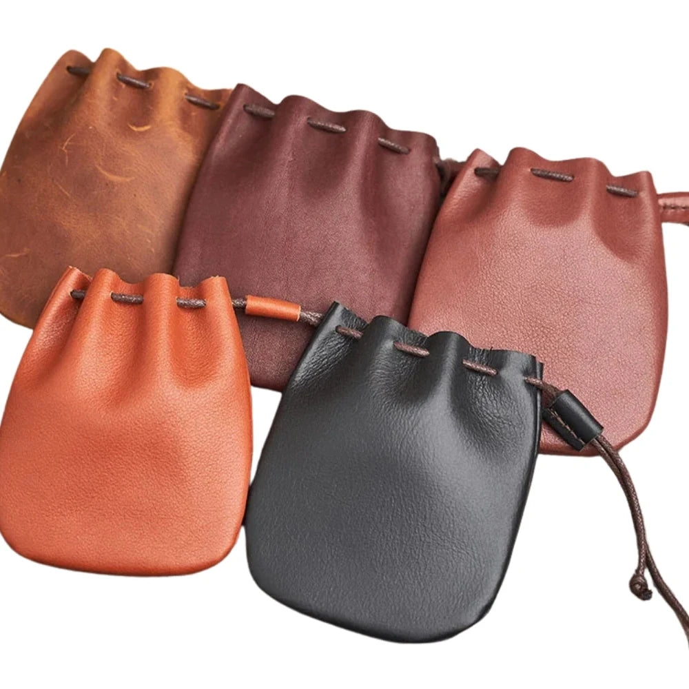Genuine Leather Coin Purse Men Women Vintage Small Coin Wallet Hard Leather Money Pocket Drawstring Storage Bag