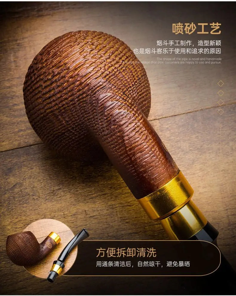 Oak Wood Sandblasted Tobacco Pipe with Gold Silver Band 9mm Filter Straight Bent Smoking Pipe for Men Gift Accessories