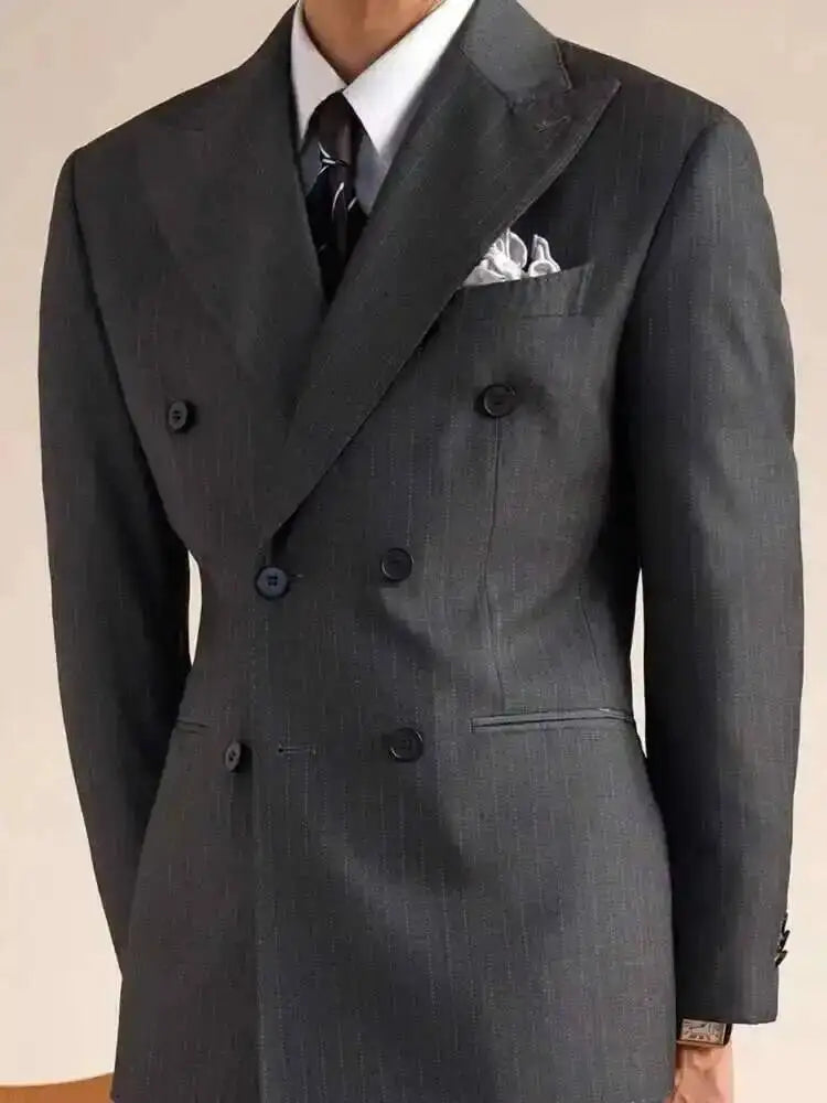 Wool Italian Blazers Suit For Men Business Double Breasted Wedding Tuxedo Suit Smoking Homme Mariage Striped Suit 3 Piece Homme