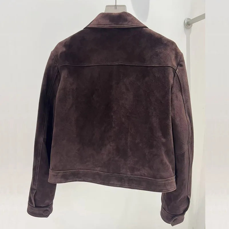 Winter Woman Clothing Old Money Style Retro Chocolate Brown Kid Suede Genuine Leather Jacket Streetwear Collar Slim Short Coat