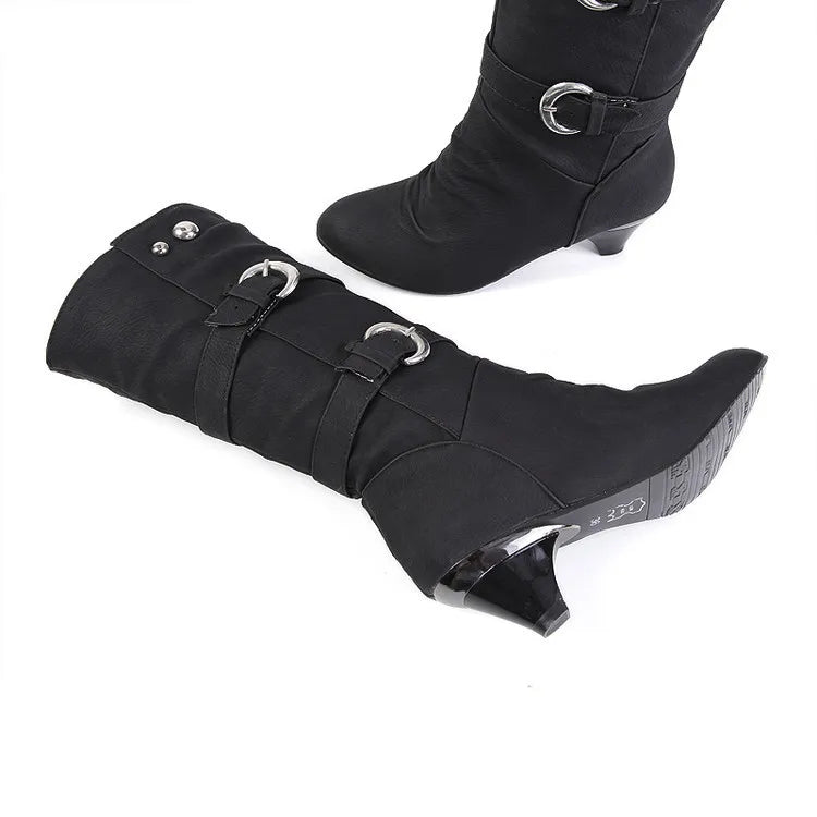 2026 New Fashion Women Boots Chunky Heeled Casual Round Toe Woman Shoes Autumn Winter Mid-Calf Boots Women with Buckle  WSH3476
