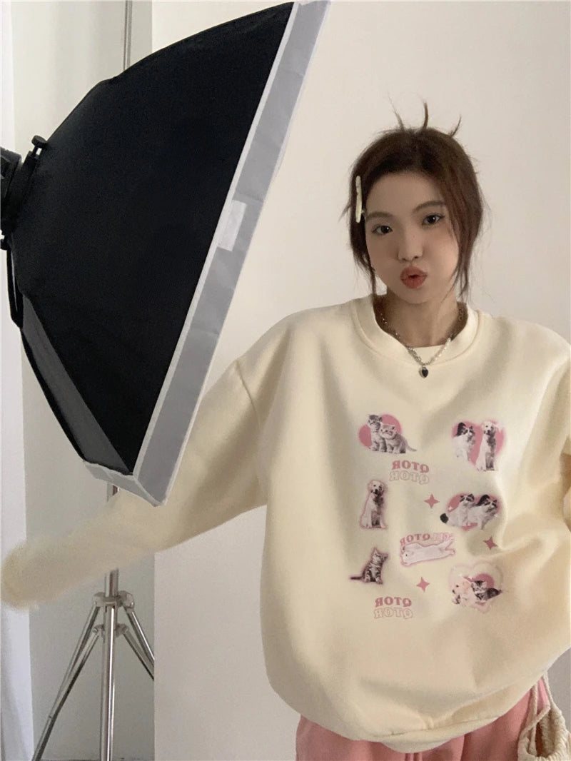 KOSAHIKI Cute Hoodies Women Letter Dog Print Sudaderas Mujer O-neck Sweatshirt Harajuku Streetwear Y2k Pullover Moletom Feminino