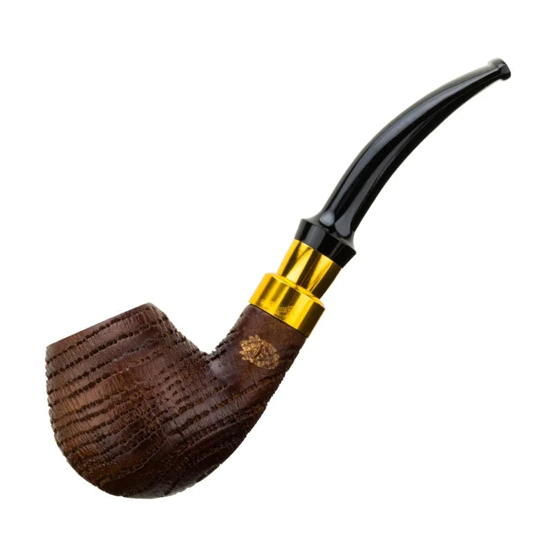 Oak Wood Sandblasted Tobacco Pipe with Gold Silver Band 9mm Filter Straight Bent Smoking Pipe for Men Gift Accessories