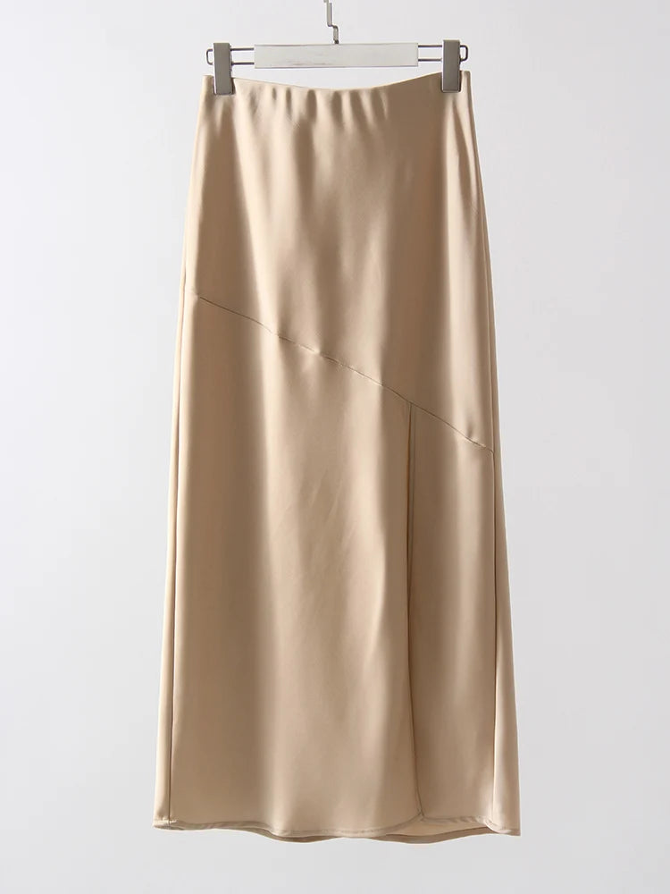 Summer Satin Skirts For Woman Office Maxi A Line Black Silk Skirts With Slit Lady High Waist Women Patchwork Skirt Long Elegant