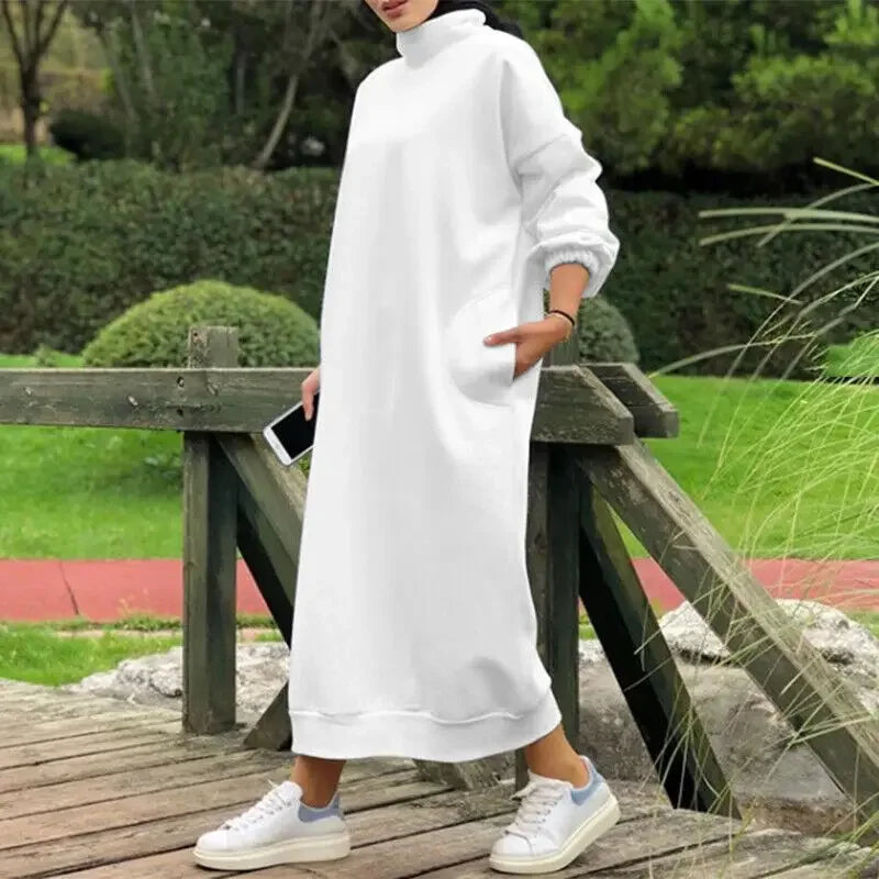 Women Hoodies Dresses Autumn Winter Casual Hooded Plush Tutleneck Pocket Sweaters Dress Long Sleeved Casual Loose Vestidos 2023