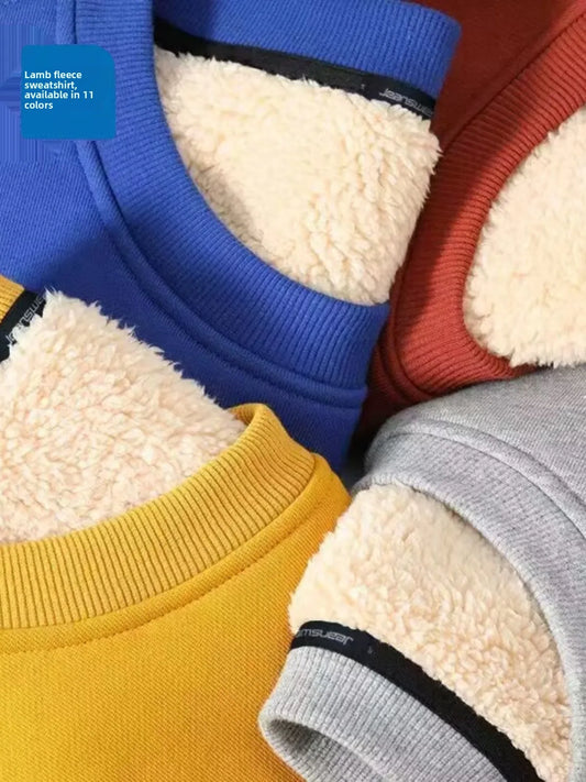Men's Fleece Lined round Neck Sweatshirt Loose Long Sleeve T-Shirt Thickened Lamb Velvet Warm Winter Base Layer Shirt