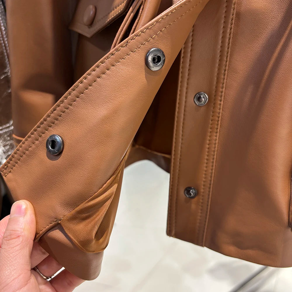 YOLOAgain Real Leather Suede Jacket Women Dark Brown Single Breasted Leather Coat With Belt