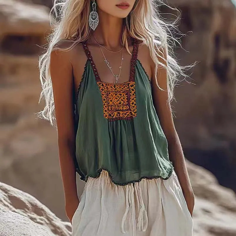 Summer Women Ethnic Retro Suspenders Shirt Top Sexy Ladies Simple Casual Printed Lace Pullover Camisole Cotton linen Top  2025