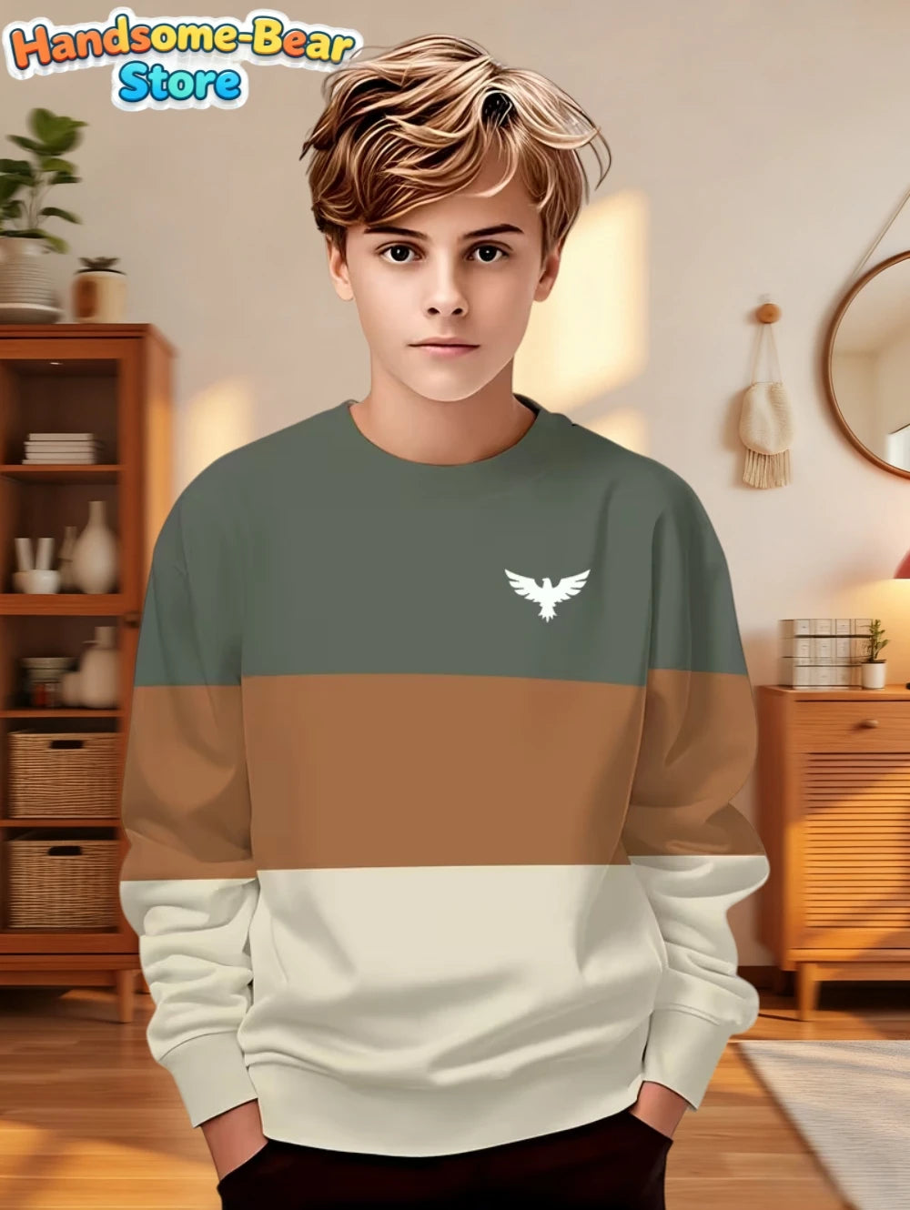 Autumn Classic Boys Sweatshirt Outdoor Round Neck Long Sleeves Top Stripe 3D Print Loose Hoodies Streetwear Children's Clothing