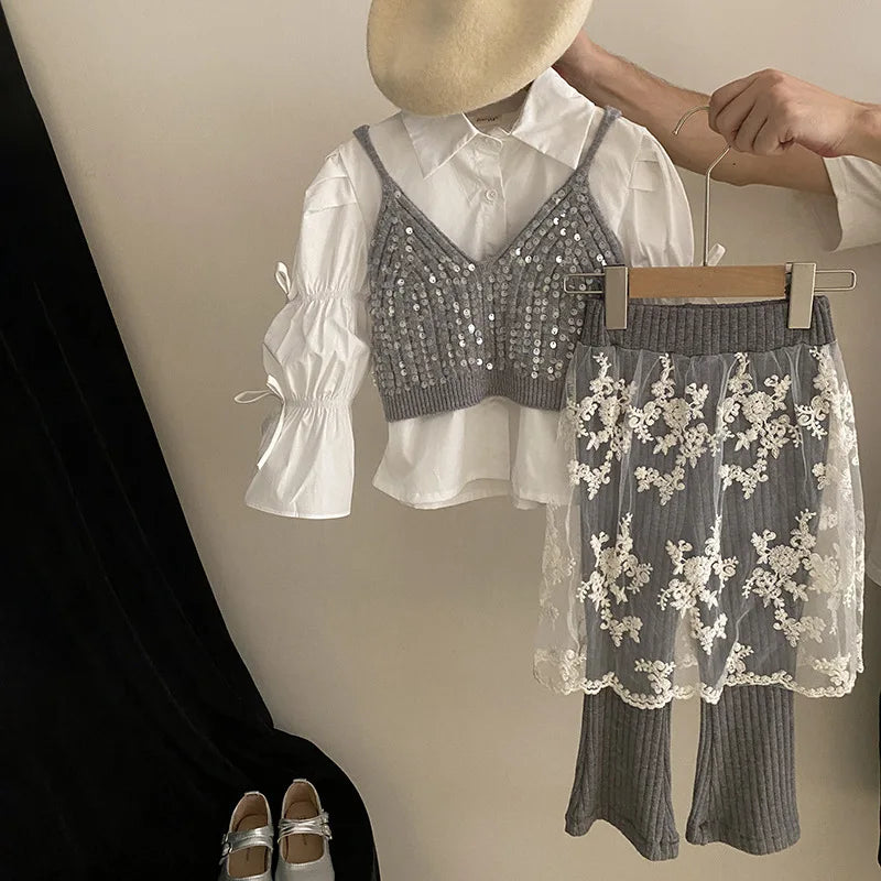 Fashion Baby Girl Ruffled Bow Shirt+Sequins Vest+Pant 3PCS Infant Toddler Child Clothes Set Spring Autumn Baby Clothes 1-12Y