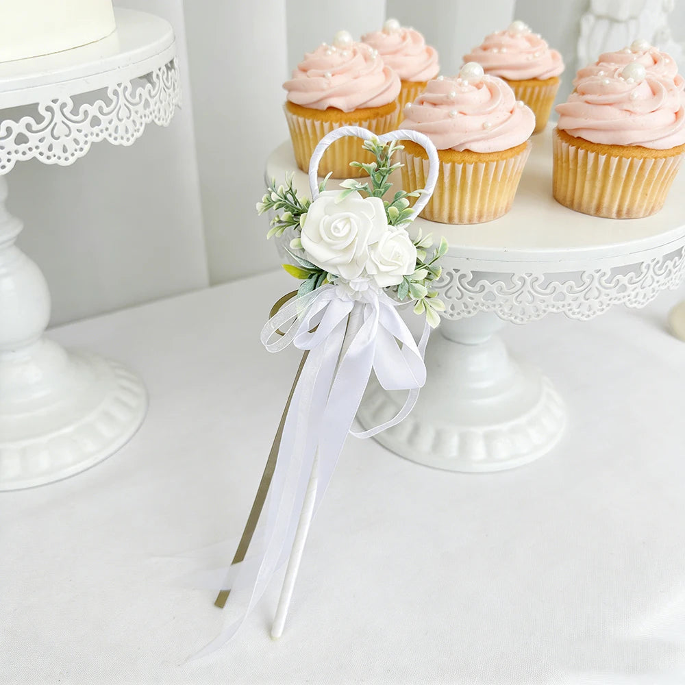 Wedding Flower Girl Wand, Floral Girl Wand Fairy Wand with Ribbon Flower for Wedding, Bridal Shower and Engagement Photo Shoot ﻿