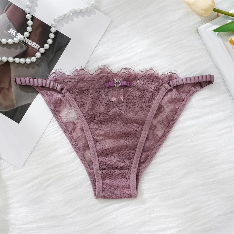 Thongs For Women Sexy Solid Color Lace Panties Low Waist Lingerie Hollow Out Transparent Floral Adjustable Breathable Underwear