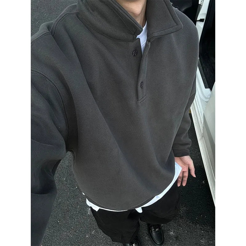 Polo Collar Sweatshirt Men's Spring Autumn Style Long-sleeved Bottoming Shirt American Retro Lapel Jacket