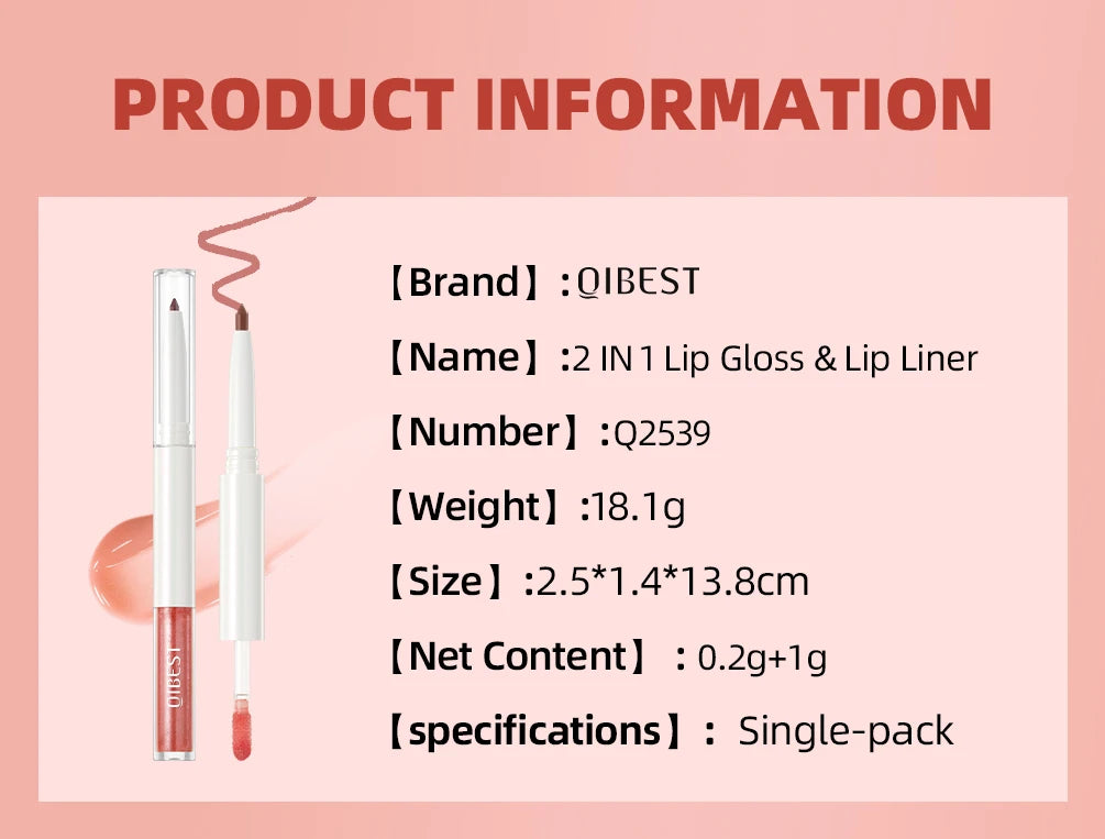 QIBEST Double Head Mirror Lip Glaze Lipliner Pen Water Light Lipgloss Makeup 2 in 1 Stick Matte Velvet Lip Liner Contour Pencil